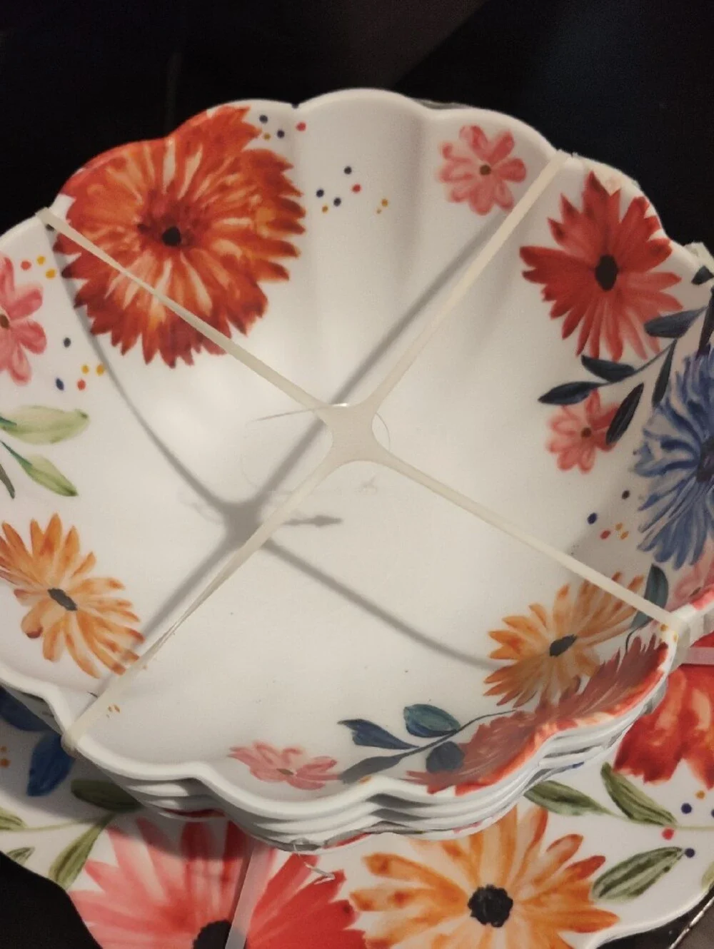 Floral Scalloped White  Serving Bowls and Plates Set - White/Multicolor